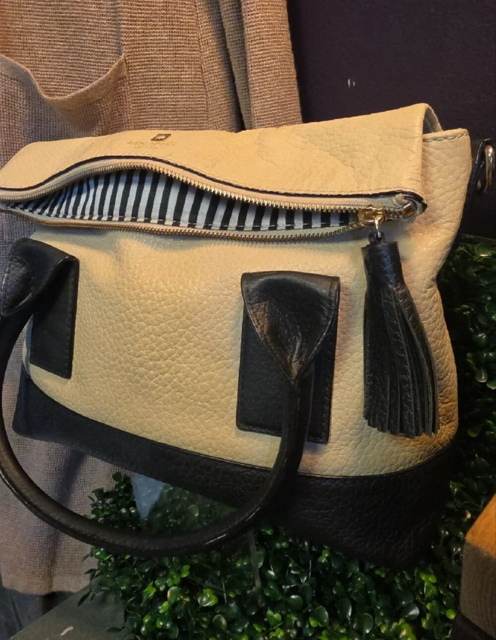 Buttermilk & Black Foldover Leather Southport Avenue Carmen Satchel- Kate Spade